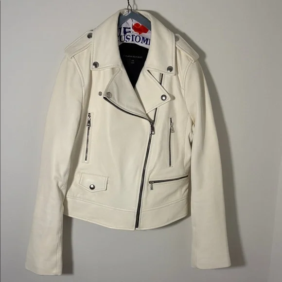 Banana Republic Leather Moto Jacket,‎ White SIZE XS             #425039 N0714 - Picture 2 of 9